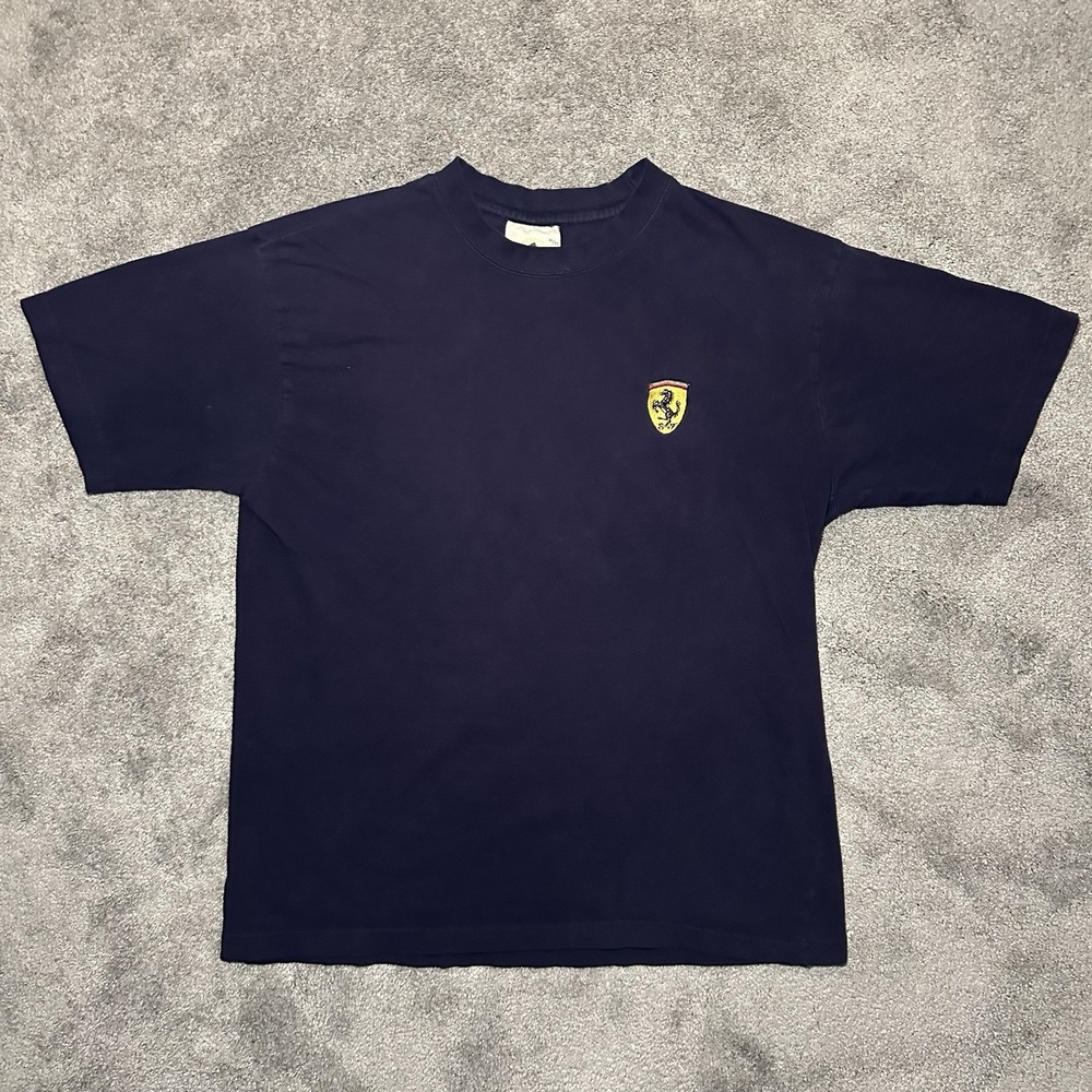 Vintage Ferrari T-shirt Mens Size XL Navy Blue Big Silver Logo - Picture 3 of 8